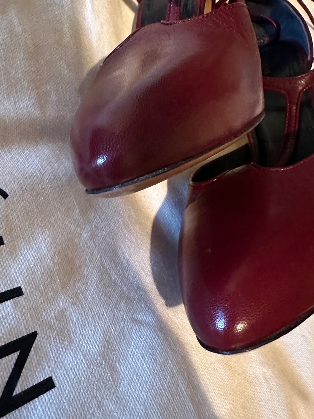 Celine Burgundy Leather T-Strap Wrap Heels - Picture 14 of 15